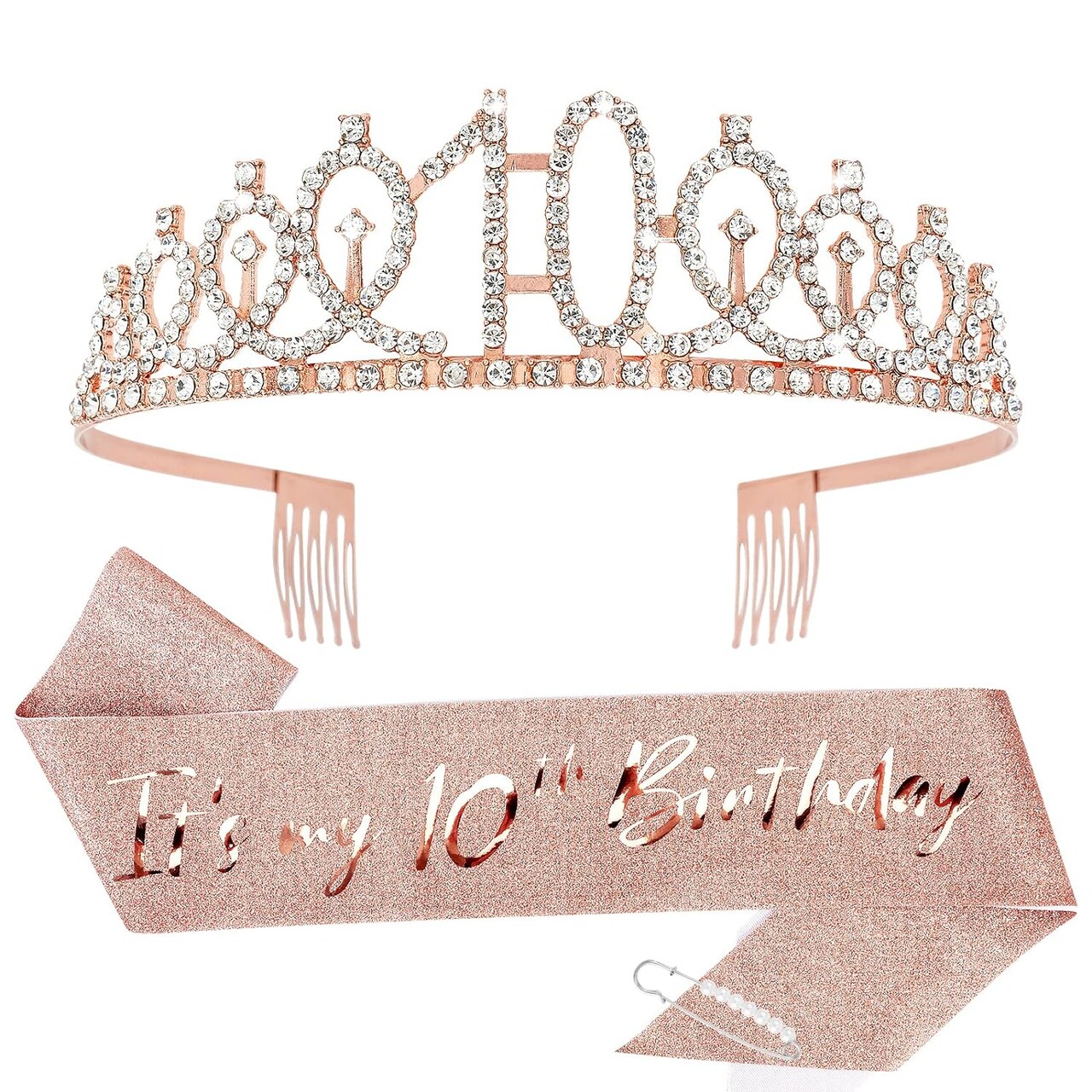 10th Birthday Crown and Sash + Pearl Pin Set, 10th Birthday Decorations for Girl 10 Year Old Girl Birthday Gifts 10th It's My 10th Birthday Happy 10th Birthday Party Favor Supplies